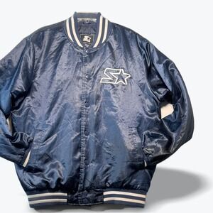 VTG Starter Varsity Bomber Jacket Satin Script Logo Navy Blue Snap Front Large
